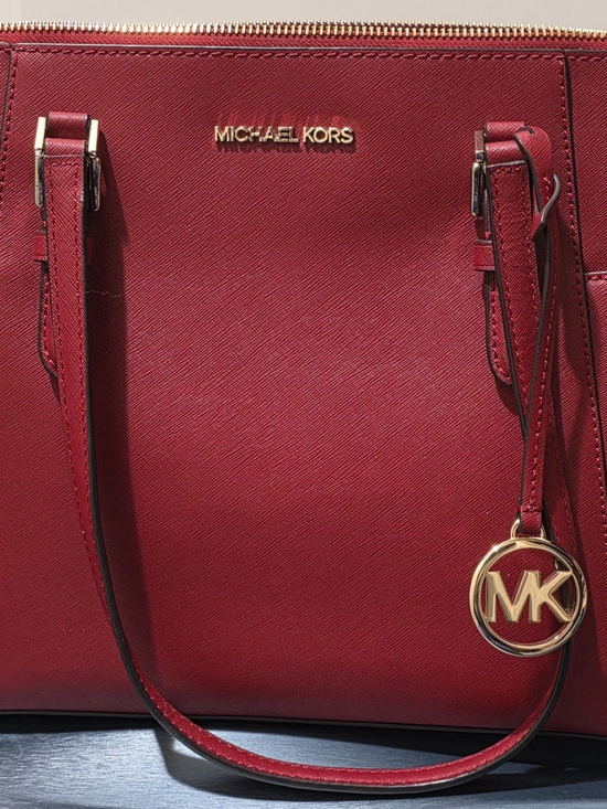 Michael Kors Handbags - Michael Kors Cherry Red Saffiano Leather Tote with MK Charm